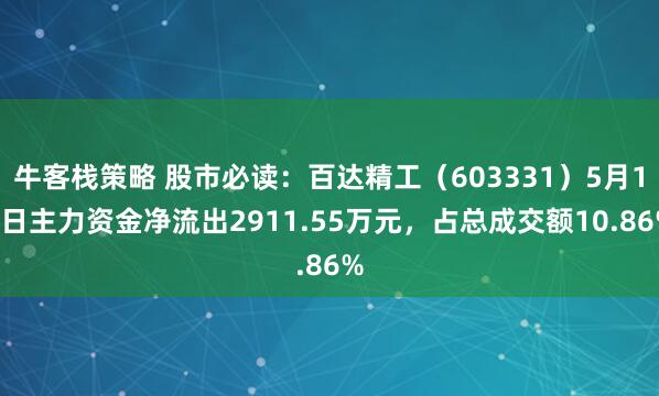 牛客栈策略 股市必读：百达精工（603331）5月19日主力资金净流出2911.55万元，占总成交额10.86%
