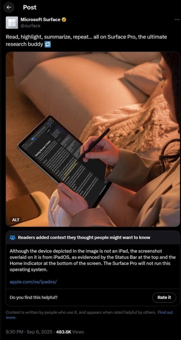 星火牛 Surface Pro广告使用的却是iPadOS截图！微软将近一天后删除